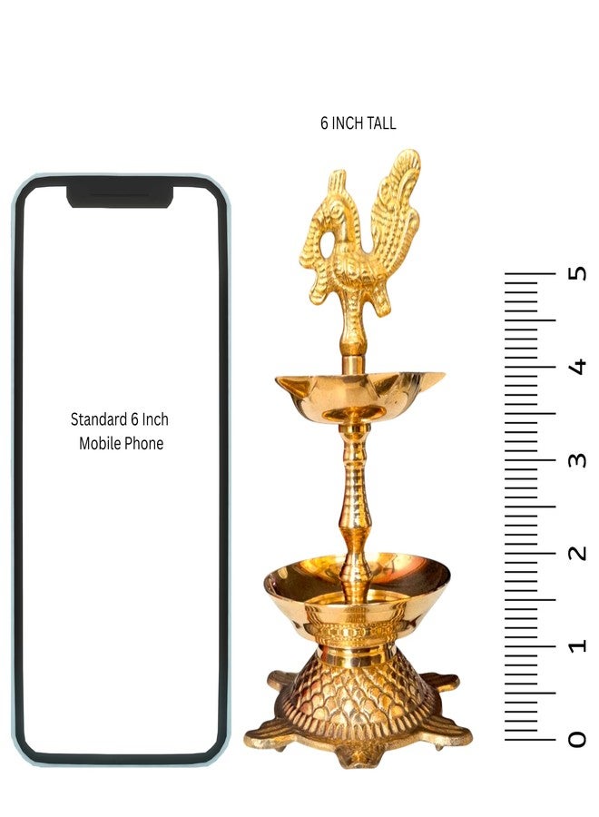 RAISOM Kerala Brass Peacock Head Tortoise Panchmukhi Diya for Pooja with Flower Holder | Small Size Kachua Kuthu Vilakku, Good Luck Diya for Home, Office & Gifting | 6 Inches, 275 Grams - Image 2